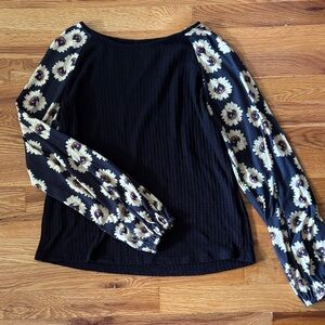 Floral Sleeve Black Top